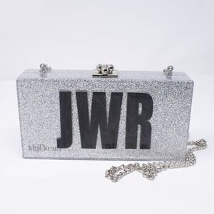 JWR Initial Monogram Acrylic Box Clutch Silver‎ Glitter Formal Evening Party Bag